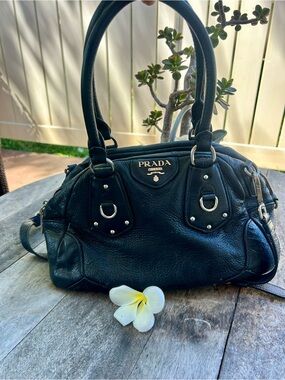 Prada Black Leather Authentic  Shoulder Satchel with silver Tone Logo